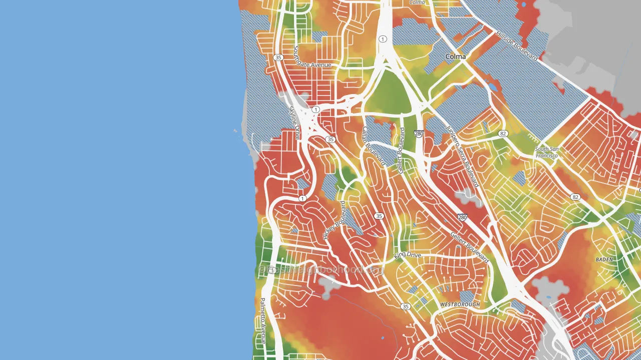 Walk Grade map of Fairmont, Pacifica, CA, walkable areas in green and car-dependent areas in red