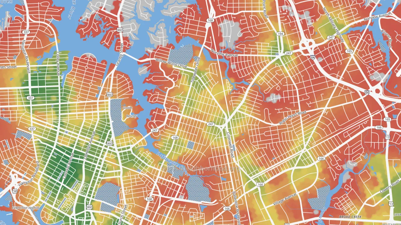 Walk Grade map of Fairmont Park, Norfolk, VA, walkable areas in green and car-dependent areas in red