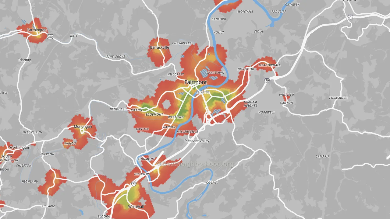 Walk Grade map of Fairmont, WV, walkable areas in green and car-dependent areas in red