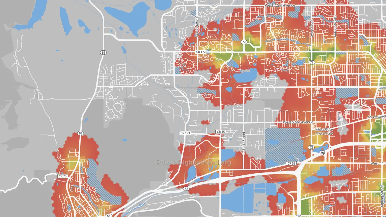 Walk Grade map of Fairmount, CO, walkable areas in green and car-dependent areas in red