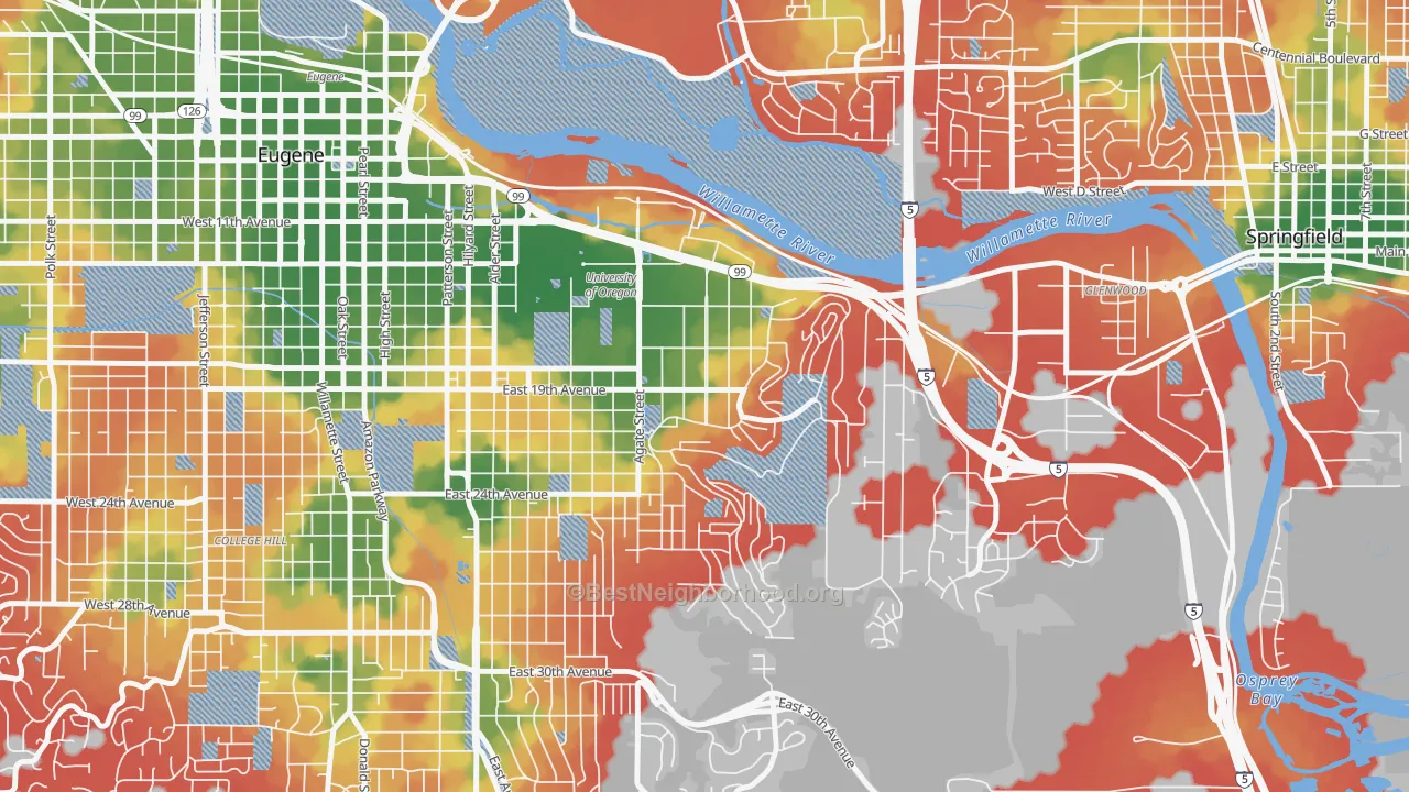 Walk Grade map of Fairmount, Eugene, OR, walkable areas in green and car-dependent areas in red