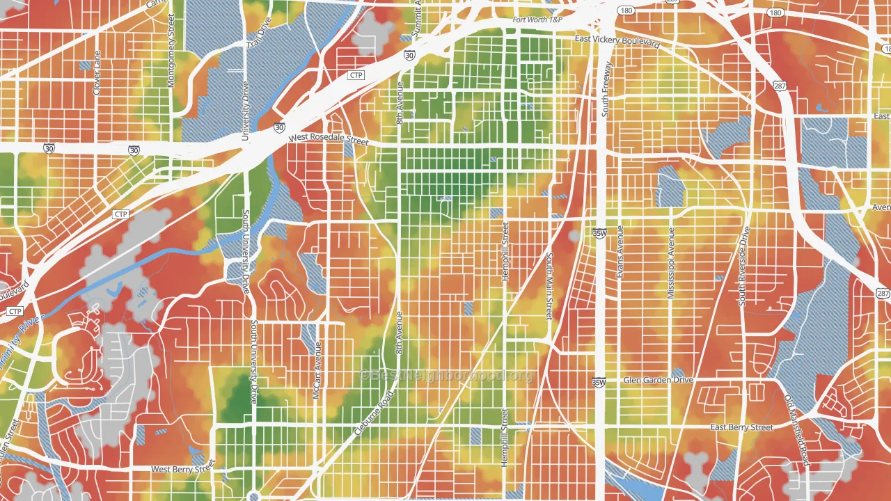 Walk Grade map of Fairmount, Fort Worth, TX, walkable areas in green and car-dependent areas in red