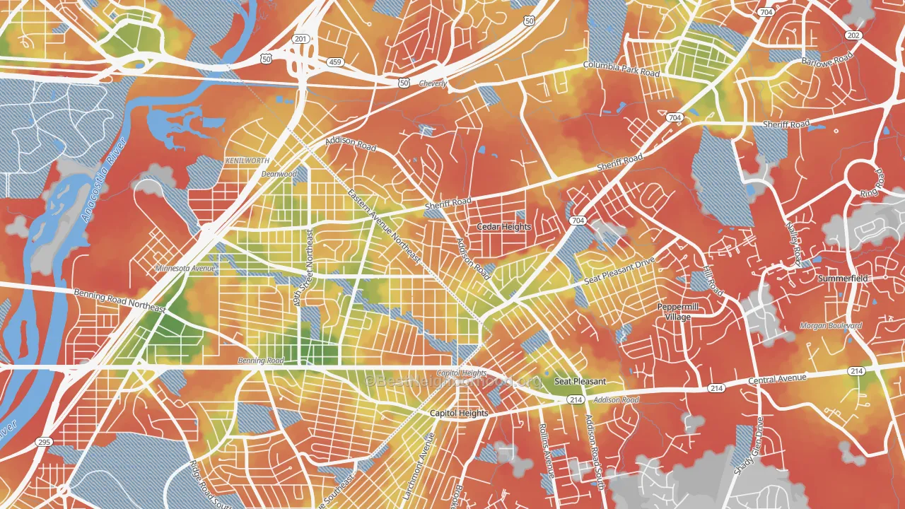 Walk Grade map of Fairmount Heights, MD, walkable areas in green and car-dependent areas in red