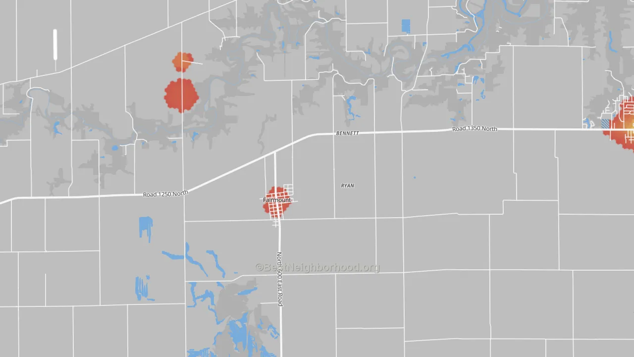 Walk Grade map of Fairmount, IL, walkable areas in green and car-dependent areas in red