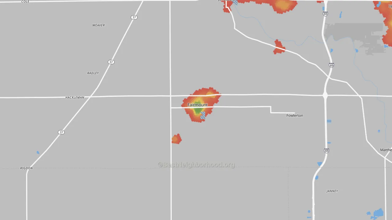 Walk Grade map of Fairmount, IN, walkable areas in green and car-dependent areas in red