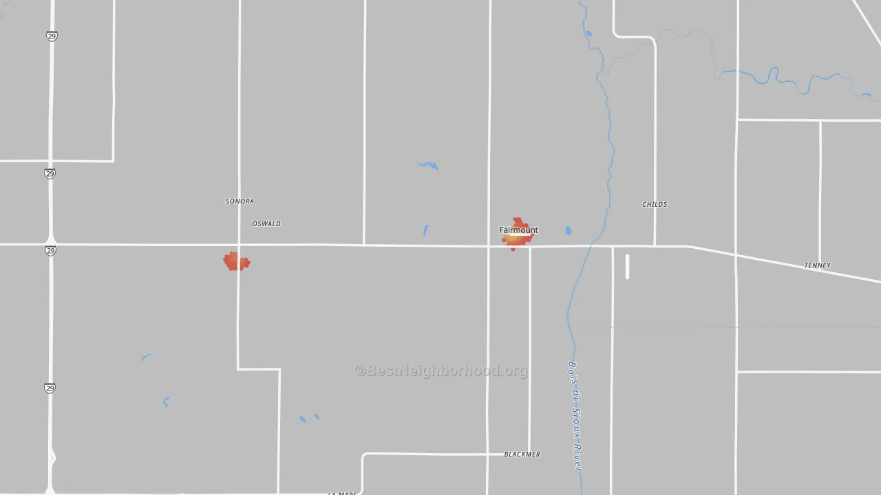 Walk Grade map of Fairmount, ND, walkable areas in green and car-dependent areas in red