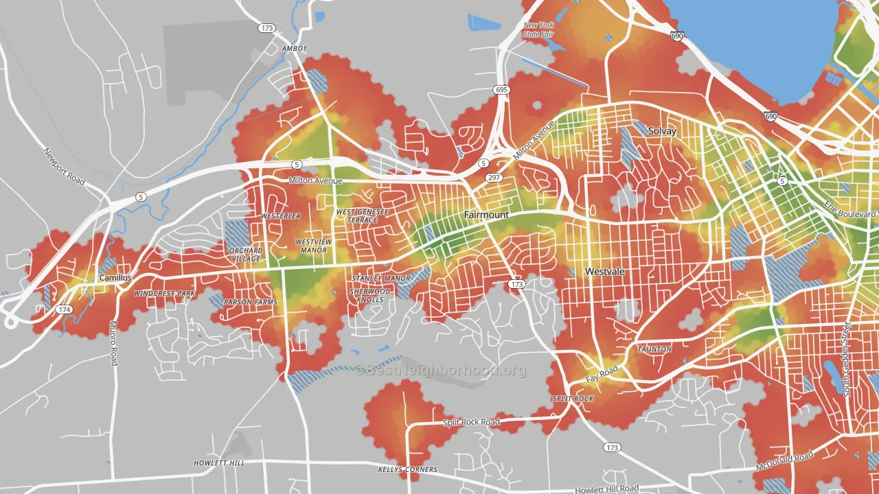 Walk Grade map of Fairmount, NY, walkable areas in green and car-dependent areas in red