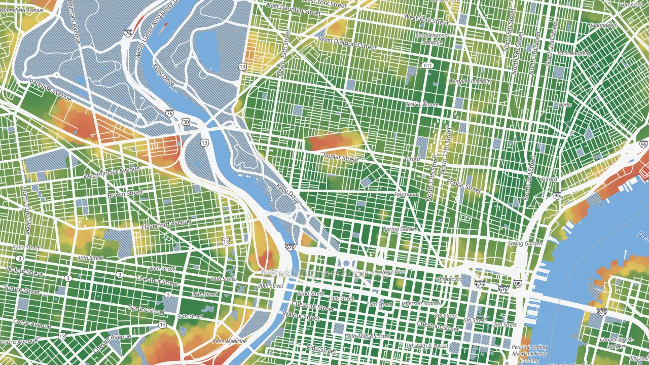 Walk Grade map of Fairmount, Philadelphia, PA, walkable areas in green and car-dependent areas in red