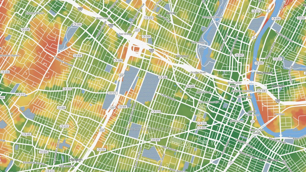 Walk Grade map of Fairmuont, Newark, NJ, walkable areas in green and car-dependent areas in red