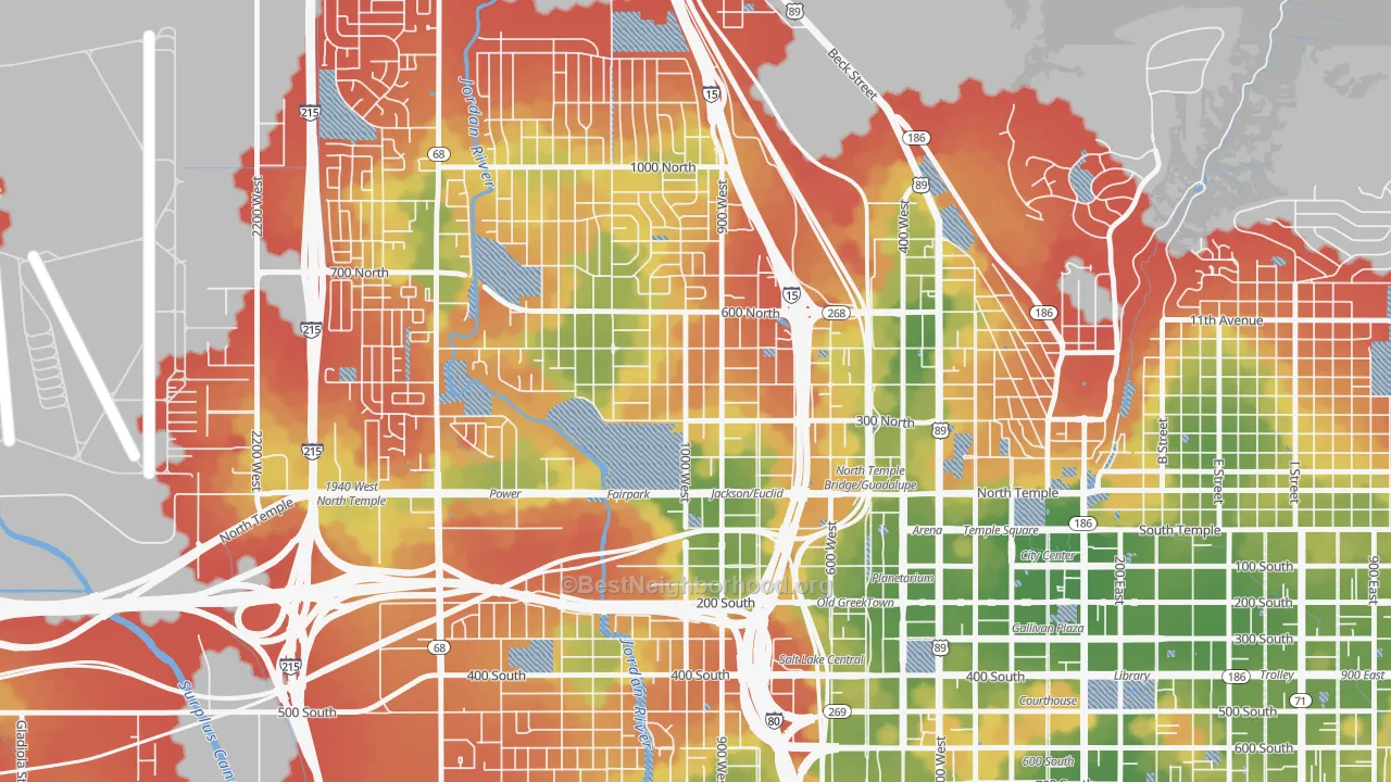 Walk Grade map of Fairpark, Salt Lake City, UT, walkable areas in green and car-dependent areas in red