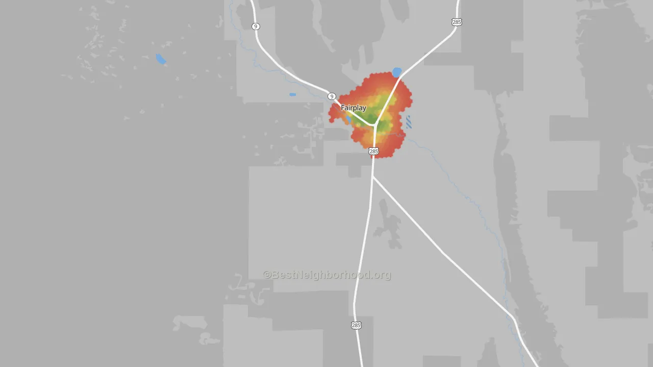 Walk Grade map of Fairplay, CO, walkable areas in green and car-dependent areas in red