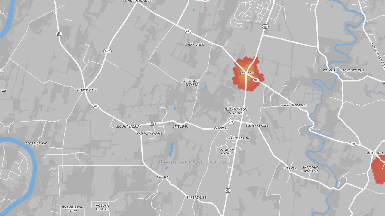 Walk Grade map of Fairplay, MD, walkable areas in green and car-dependent areas in red