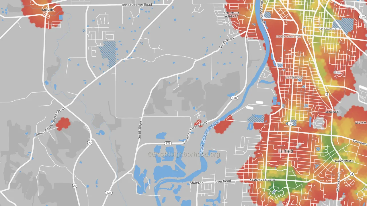 Walk Grade map of Fairplay, OH, walkable areas in green and car-dependent areas in red