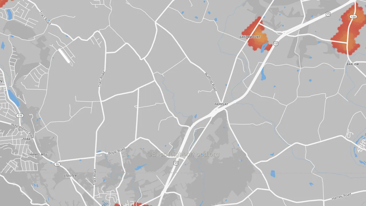 Walk Grade map of Fairplay, PA, walkable areas in green and car-dependent areas in red