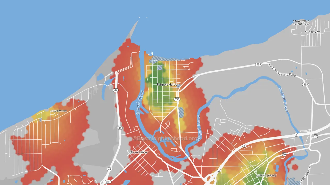 Walk Grade map of Fairport Harbor, OH, walkable areas in green and car-dependent areas in red