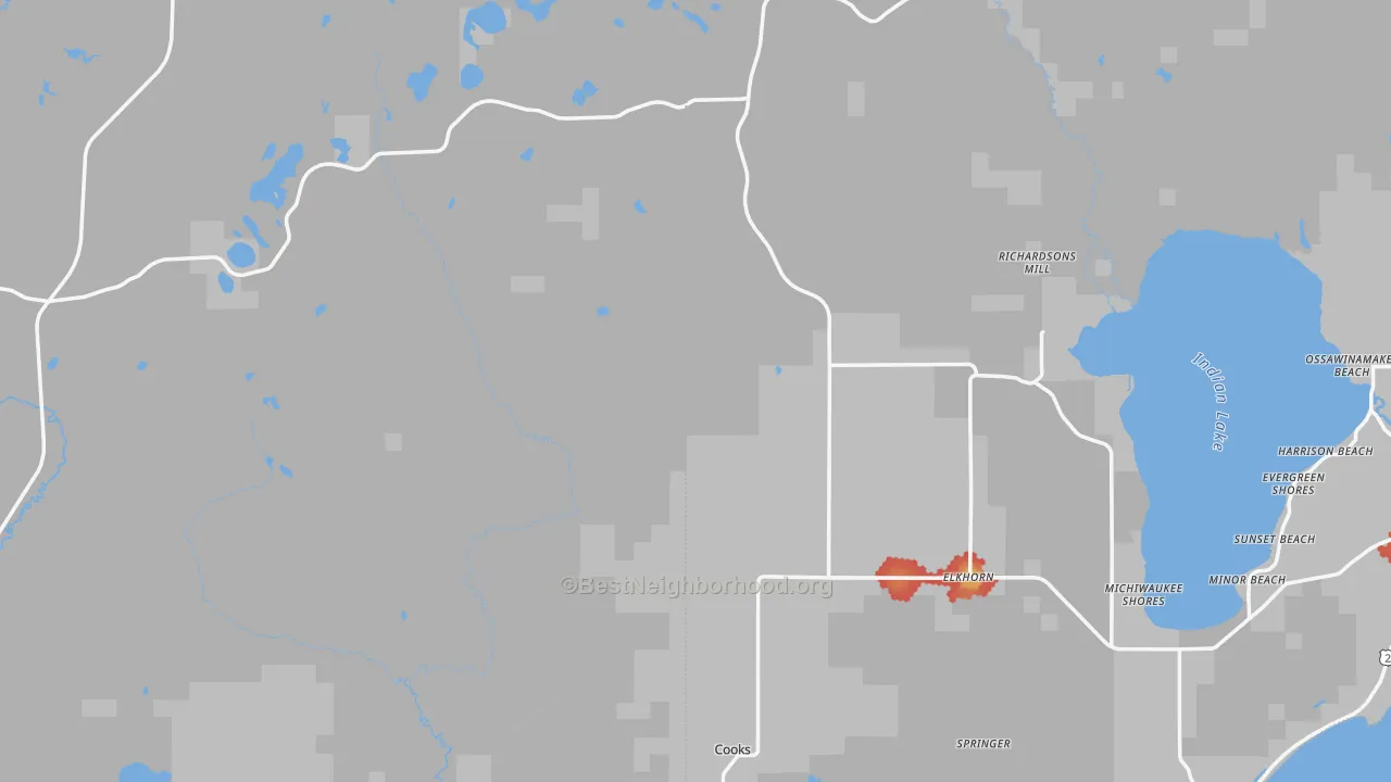 Walk Grade map of Fairport, MI, walkable areas in green and car-dependent areas in red