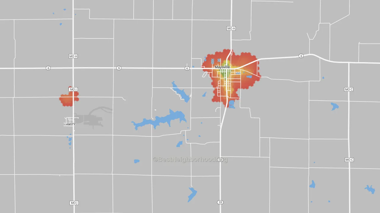 Walk Grade map of Fairport, MO, walkable areas in green and car-dependent areas in red