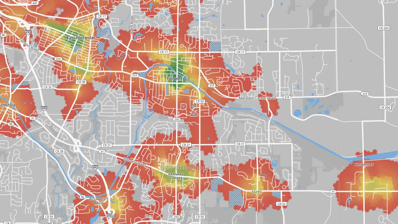 Walk Grade map of Fairport, NY, walkable areas in green and car-dependent areas in red