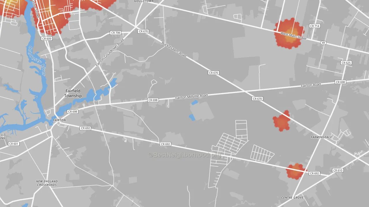 Walk Grade map of Fairton, NJ, walkable areas in green and car-dependent areas in red