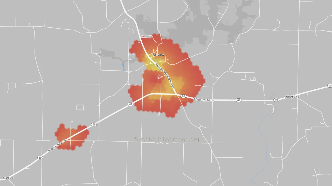 Walk Grade map of Fairview, AL, walkable areas in green and car-dependent areas in red