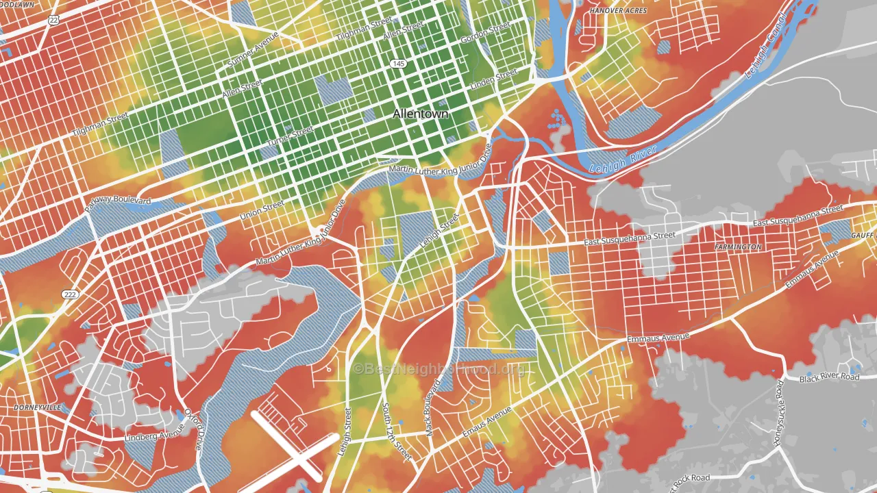 Walk Grade map of Fairview, Allentown, PA, walkable areas in green and car-dependent areas in red