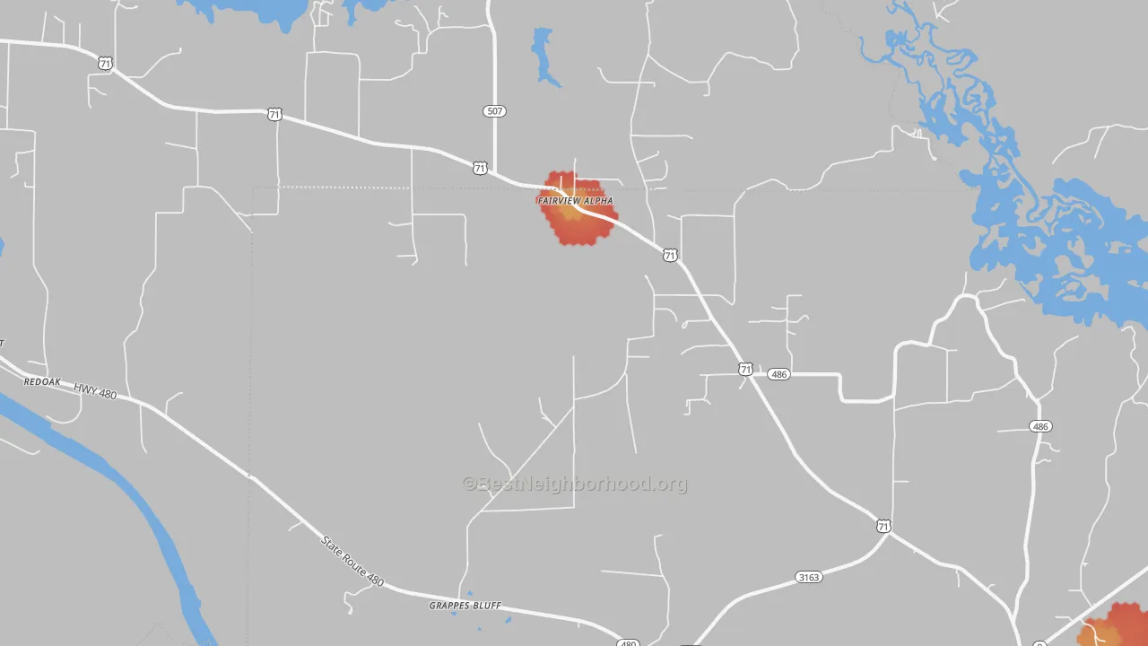 Walk Grade map of Fairview Alpha, LA, walkable areas in green and car-dependent areas in red
