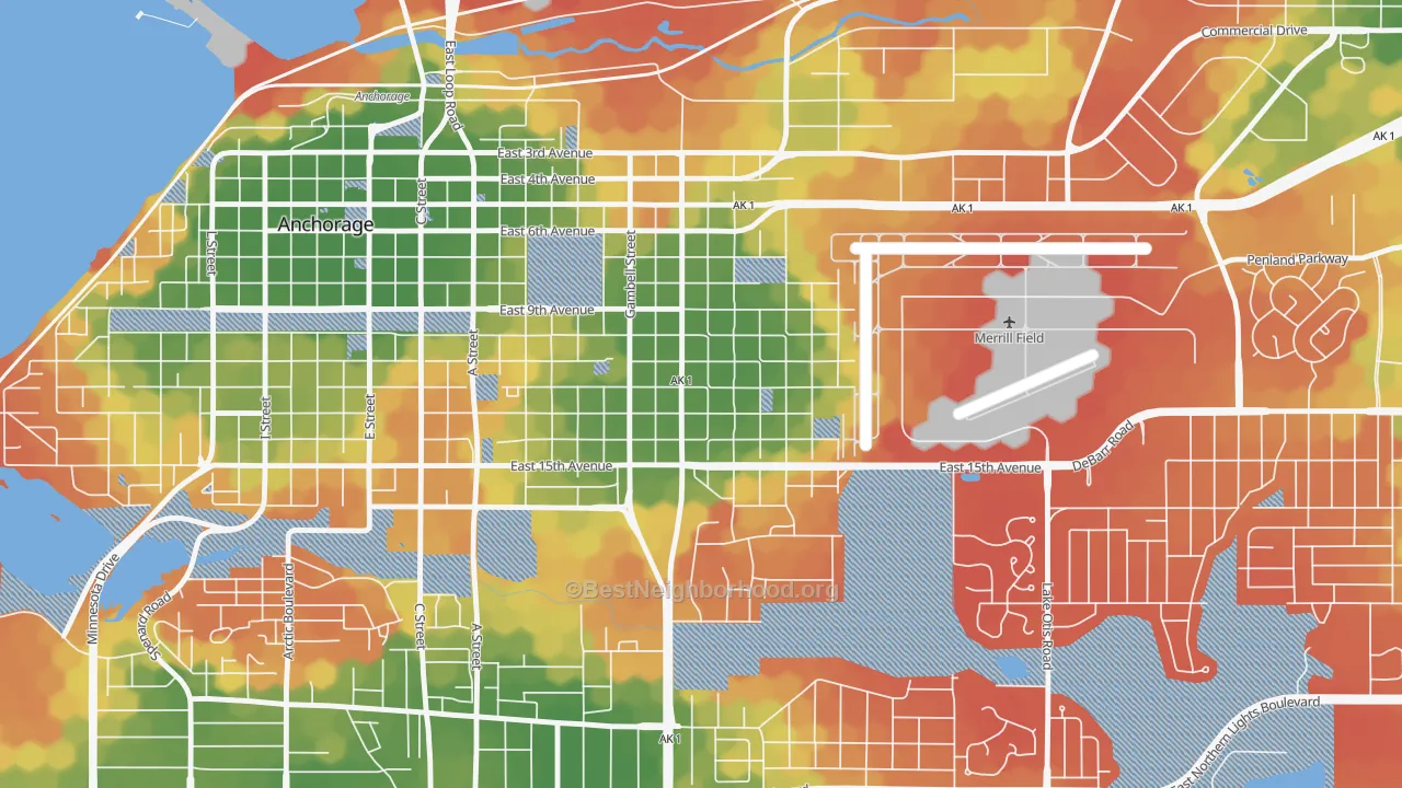Walk Grade map of Fairview, Anchorage, AK, walkable areas in green and car-dependent areas in red