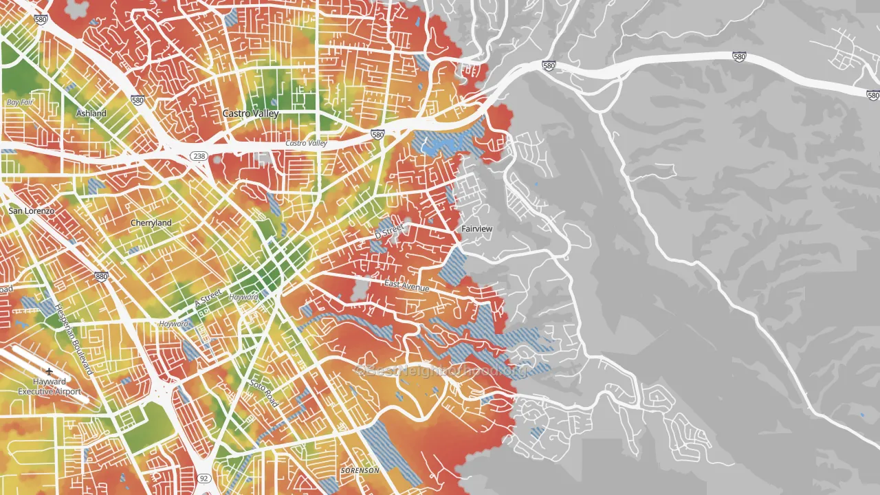 Walk Grade map of Fairview, CA, walkable areas in green and car-dependent areas in red