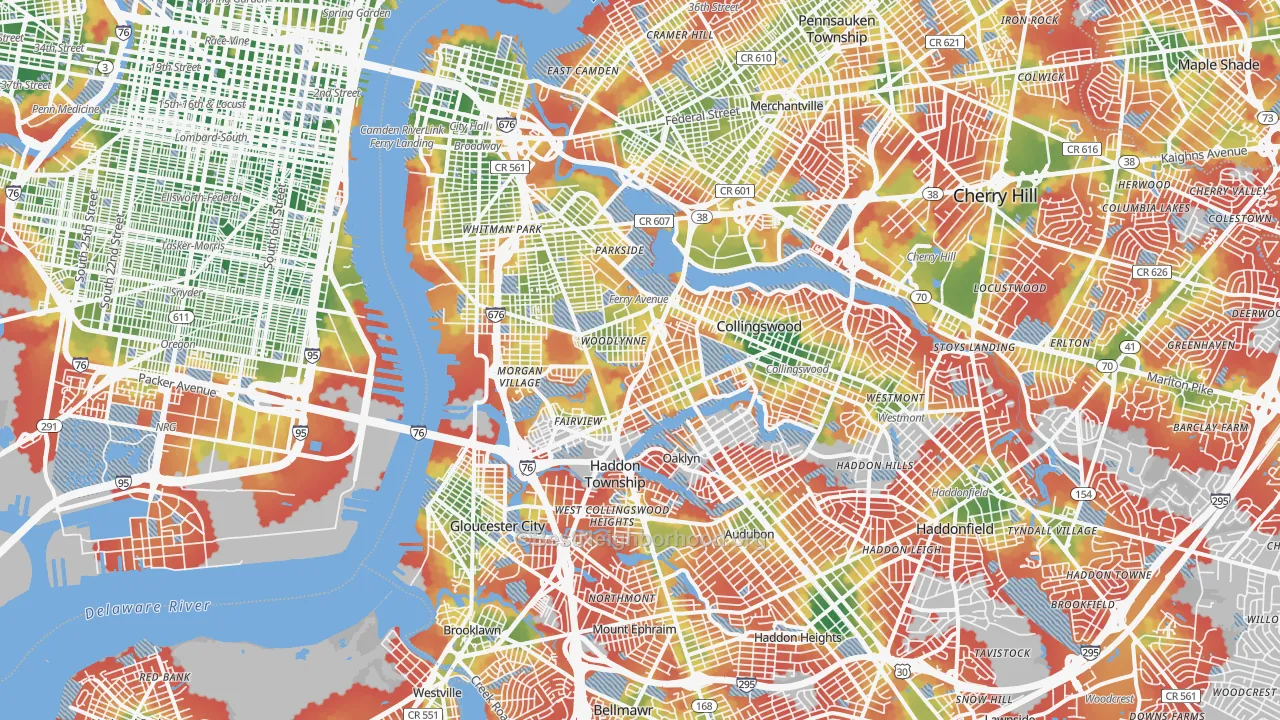 Walk Grade map of Fairview, Camden, NJ, walkable areas in green and car-dependent areas in red