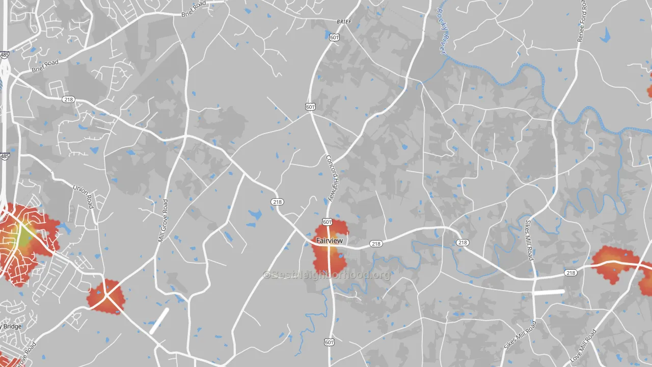 Walk Grade map of Fairview, Charlotte, NC, walkable areas in green and car-dependent areas in red
