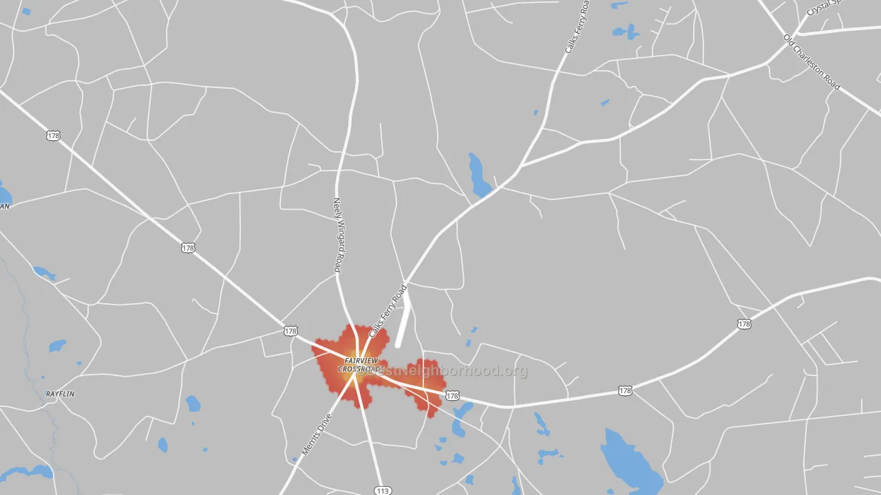 Walk Grade map of Fairview Crossroads, SC, walkable areas in green and car-dependent areas in red