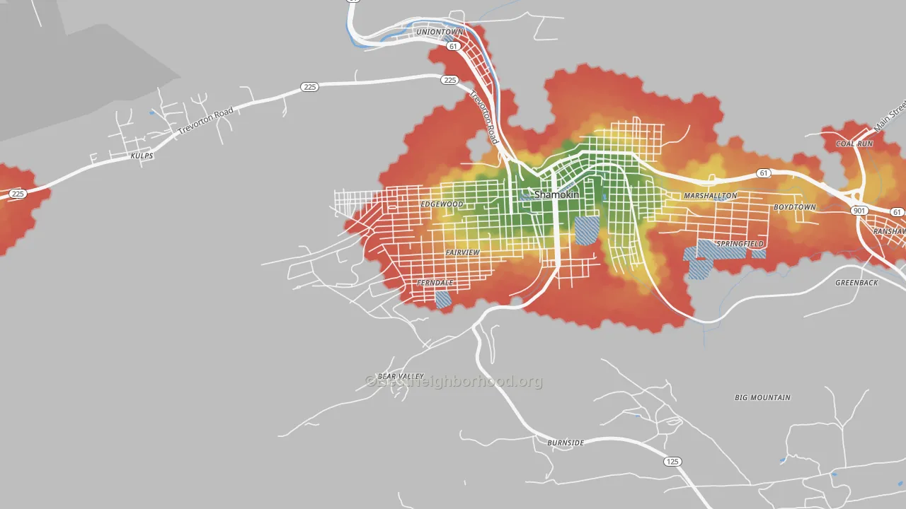 Walk Grade map of Fairview-Ferndale, PA, walkable areas in green and car-dependent areas in red