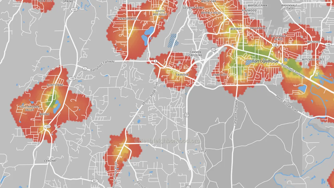 Walk Grade map of Fairview, GA, walkable areas in green and car-dependent areas in red