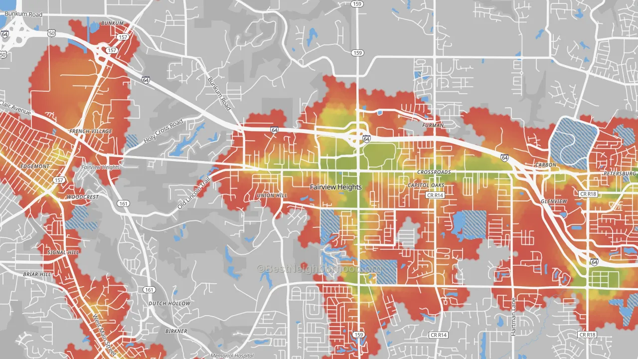 Walk Grade map of Fairview Heights, IL, walkable areas in green and car-dependent areas in red