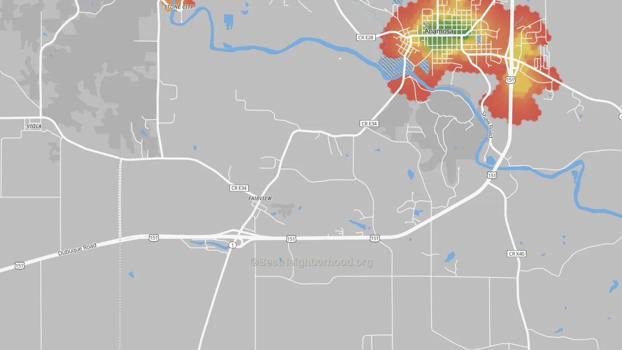 Walk Grade map of Fairview, IA, walkable areas in green and car-dependent areas in red