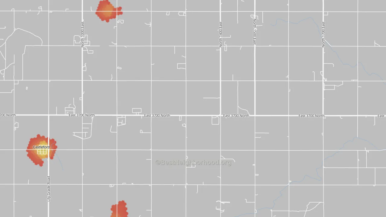 Walk Grade map of Fairview, ID, walkable areas in green and car-dependent areas in red