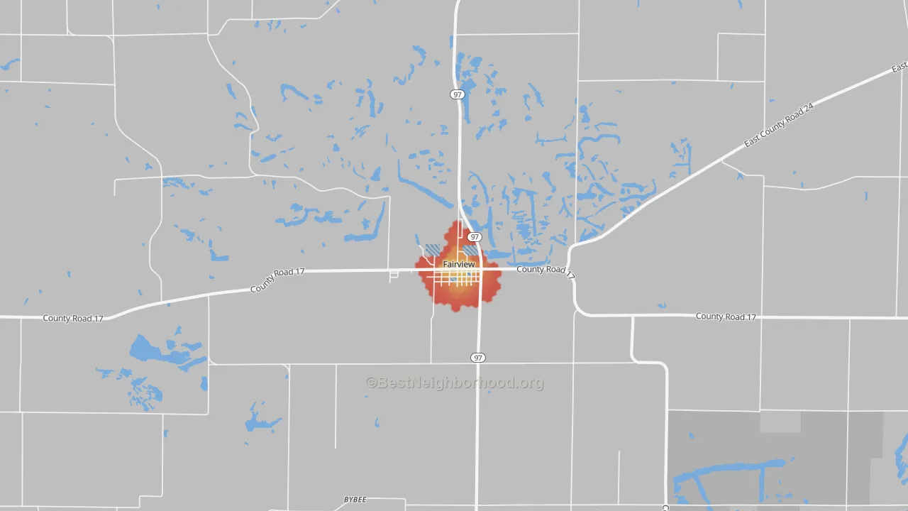 Walk Grade map of Fairview, IL, walkable areas in green and car-dependent areas in red