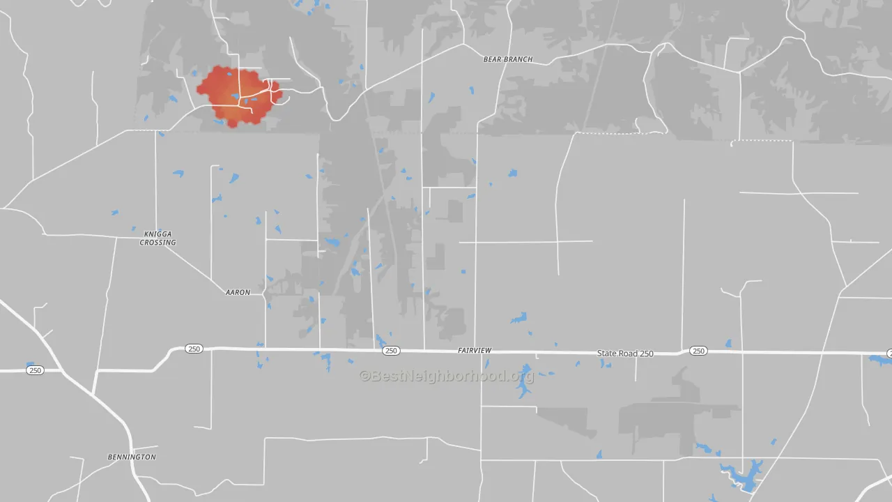 Walk Grade map of Fairview, IN, walkable areas in green and car-dependent areas in red