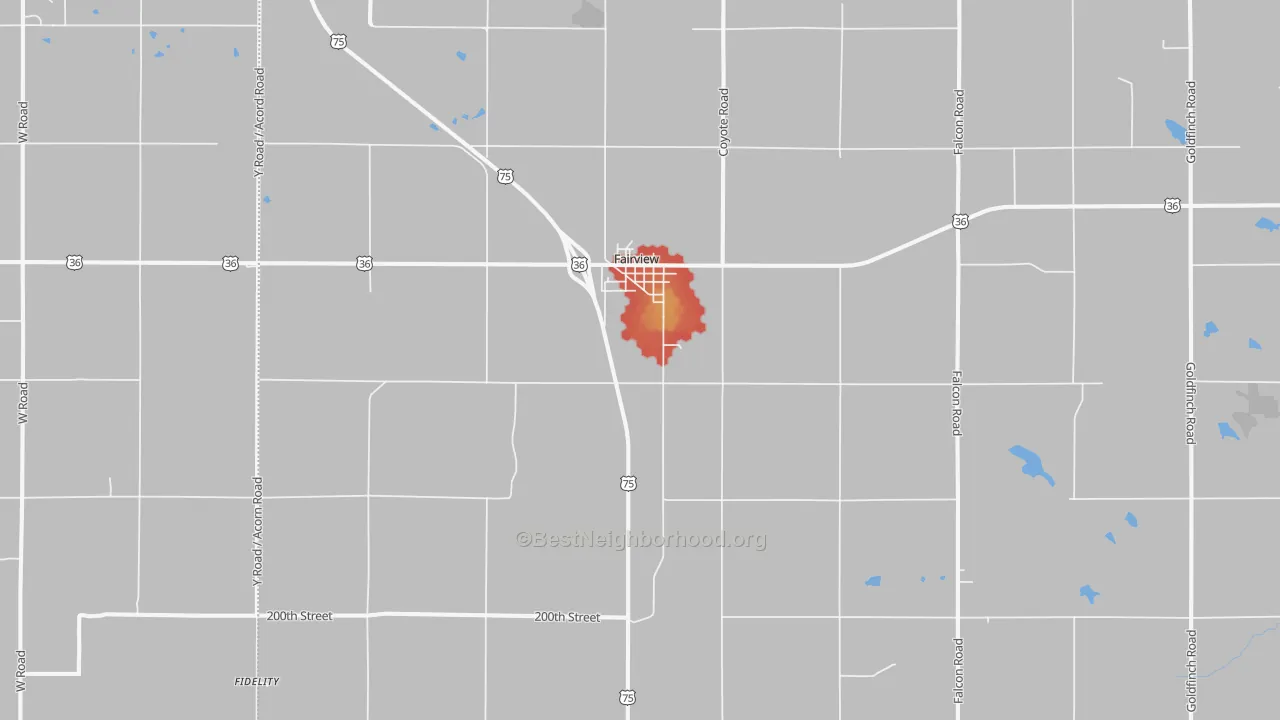 Walk Grade map of Fairview, KS, walkable areas in green and car-dependent areas in red