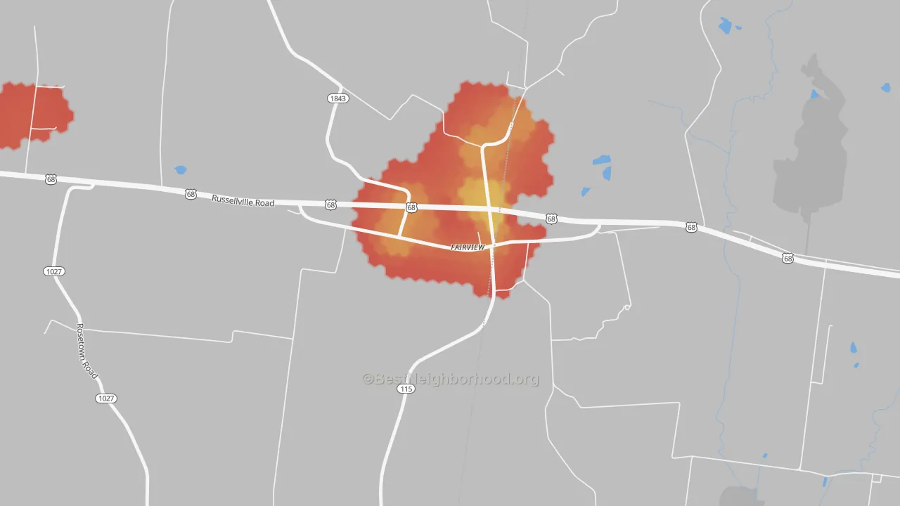Walk Grade map of Fairview, KY, walkable areas in green and car-dependent areas in red