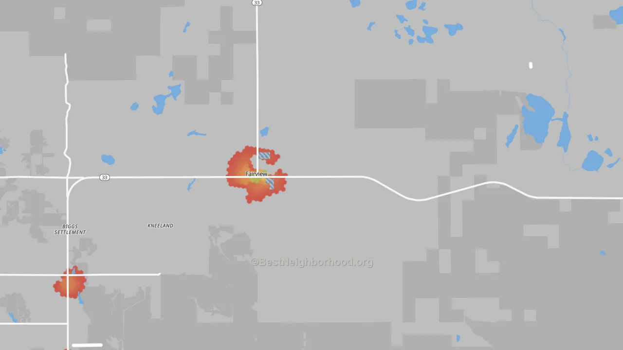 Walk Grade map of Fairview, MI, walkable areas in green and car-dependent areas in red