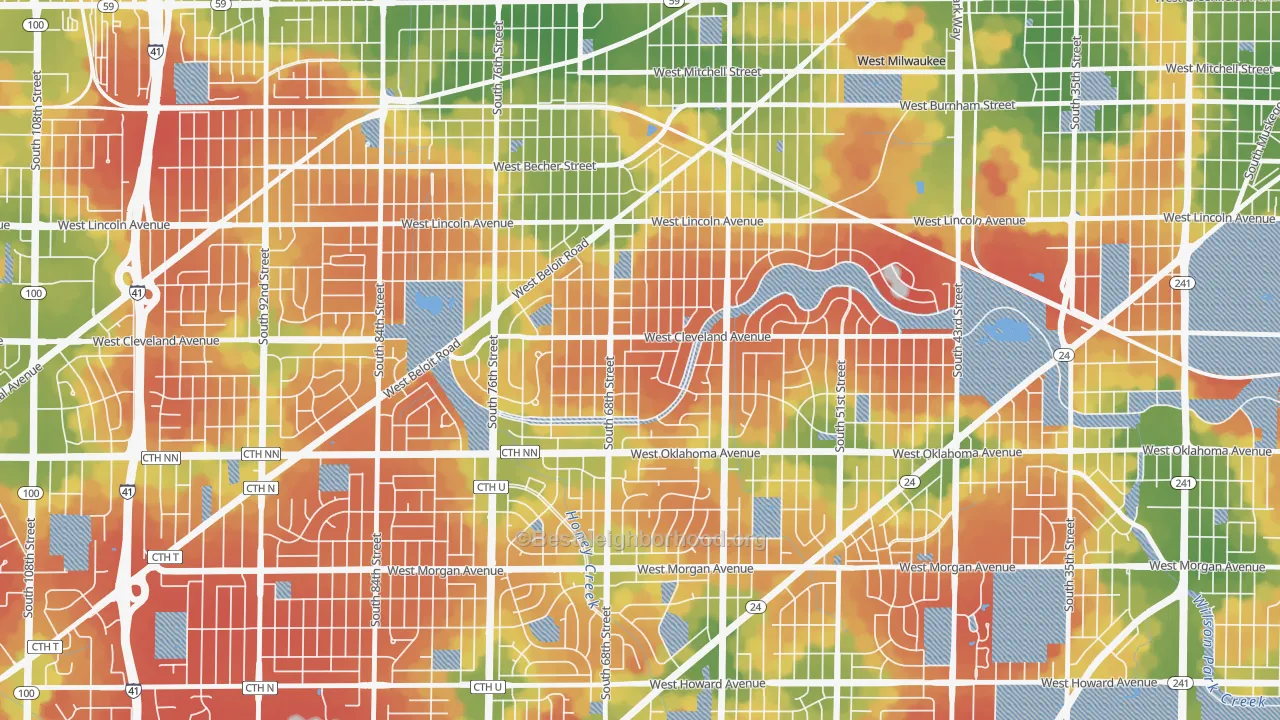 Walk Grade map of Fairview, Milwaukee, WI, walkable areas in green and car-dependent areas in red