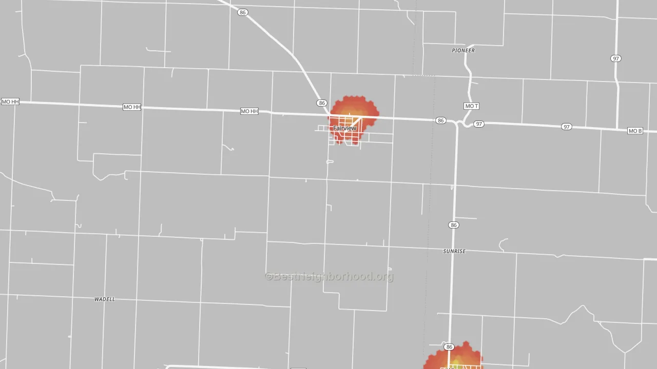 Walk Grade map of Fairview, MO, walkable areas in green and car-dependent areas in red