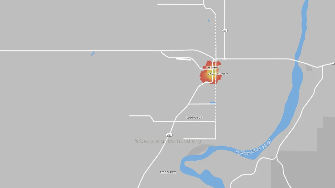 Walk Grade map of Fairview, MT, walkable areas in green and car-dependent areas in red