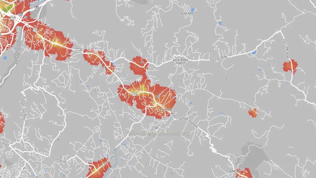 Walk Grade map of Fairview, NC, walkable areas in green and car-dependent areas in red