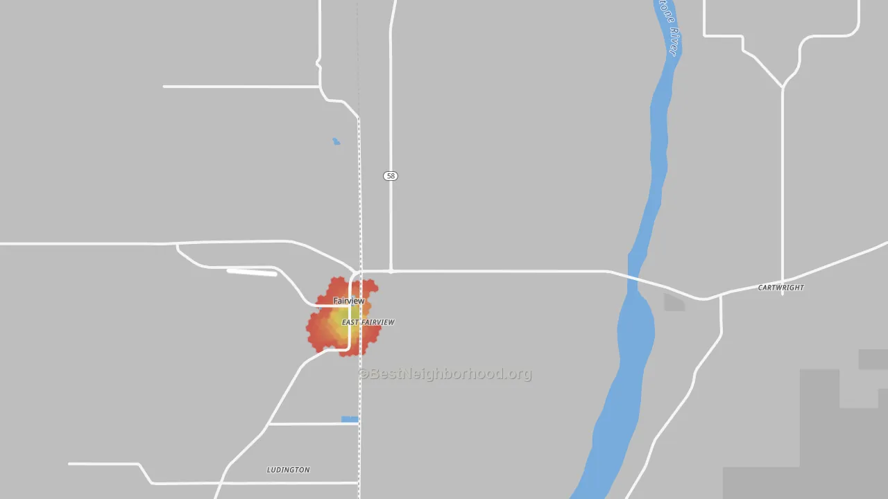 Walk Grade map of Fairview, ND, walkable areas in green and car-dependent areas in red