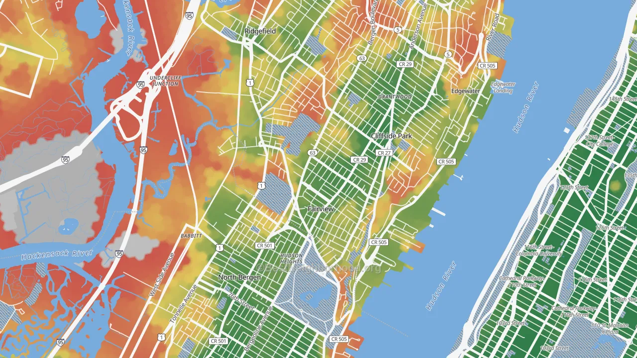 Walk Grade map of Fairview, NJ, walkable areas in green and car-dependent areas in red
