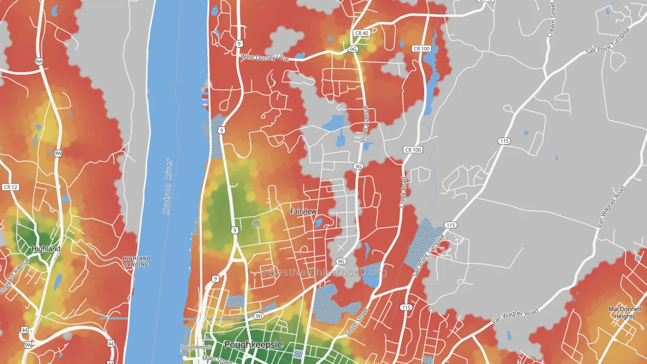 Walk Grade map of Fairview, NY, walkable areas in green and car-dependent areas in red