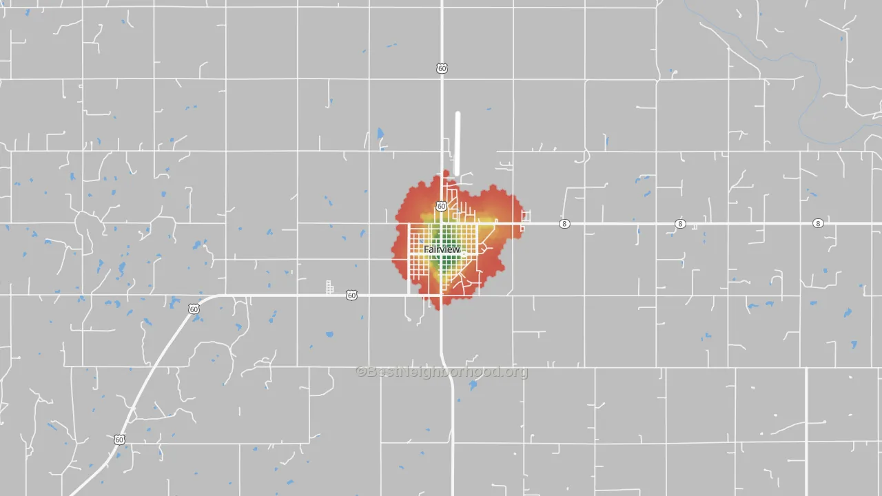 Walk Grade map of Fairview, OK, walkable areas in green and car-dependent areas in red