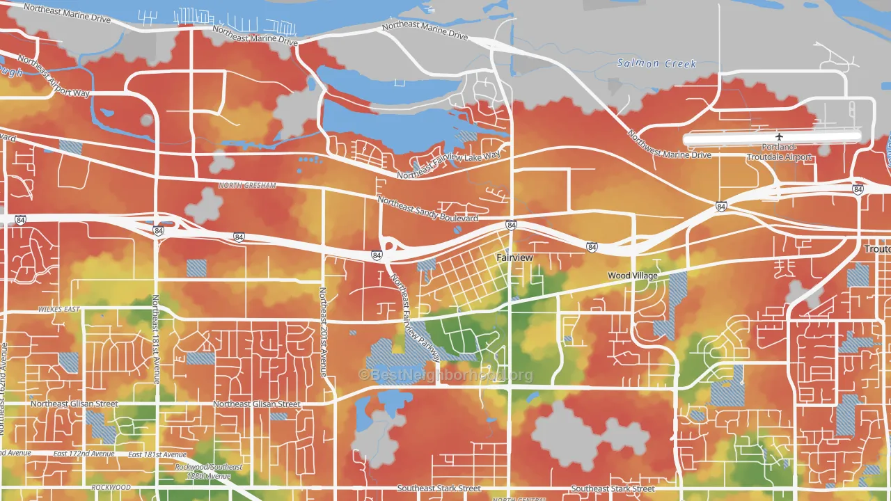 Walk Grade map of Fairview, OR, walkable areas in green and car-dependent areas in red